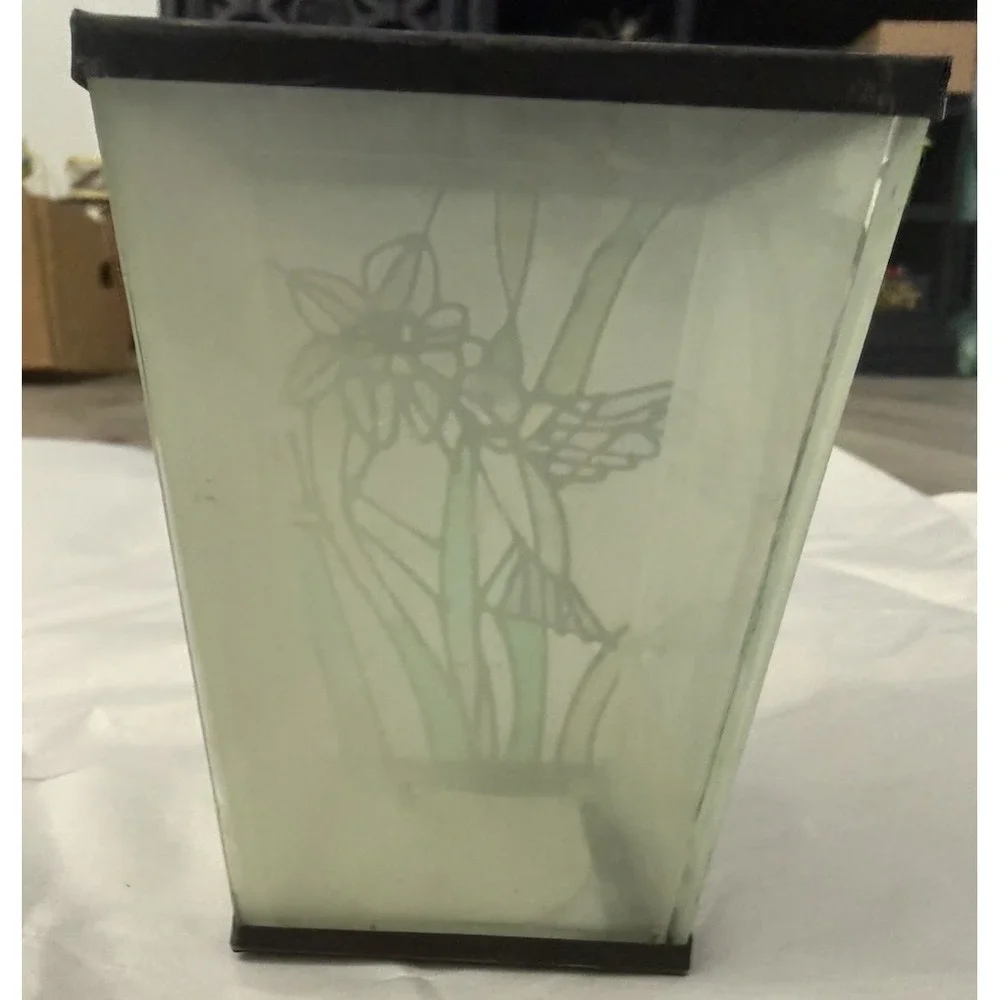 Vintage 70's Rectangular Hand Painted Stained Glass Vase Flowers & Hummingbird
